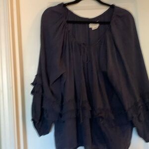 Boho peasant blouse, ruffled sleeve and midsection, drawstring neck & hem.
